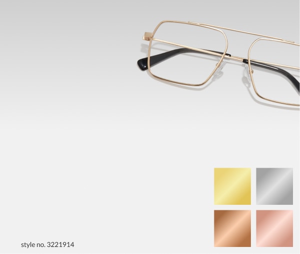 Image of a pair of Zenni aviator glasses #3221914 against a white background, with swatches of metal tones at the bottom right of the image.