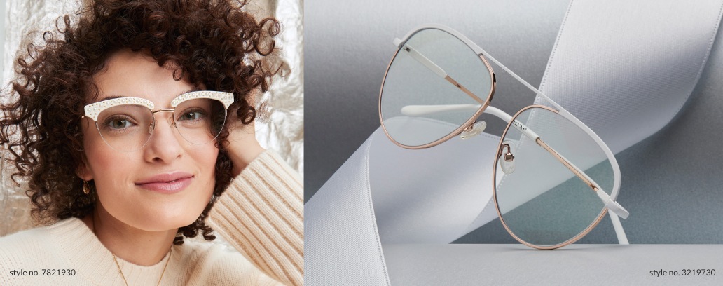 Two images: a woman wearing Zenni browline glasses #7821930 against a gold background, and Zenni aviator glasses #3219730 against a gray background with gray ribbon.