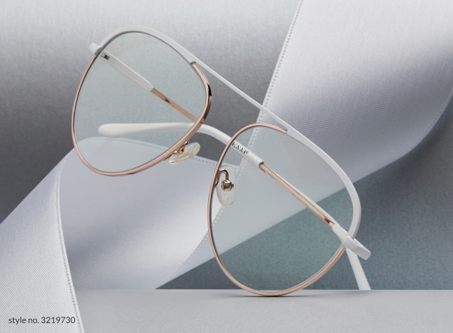 Two images: a woman wearing Zenni browline glasses #7821930 against a gold background, and Zenni aviator glasses #3219730 against a gray background with gray ribbon.