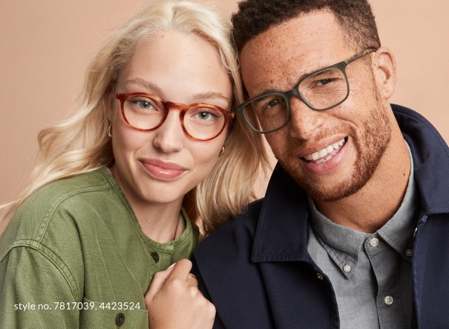 Image of a women wearing Zenni round glasses #7817039, and a man wearing Zenni rectangle glasses #4423524.