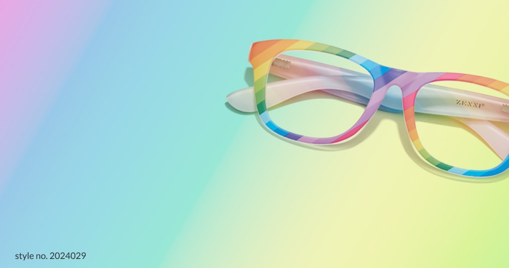 Image of Zenni rainbow glasses on a rainbow background.