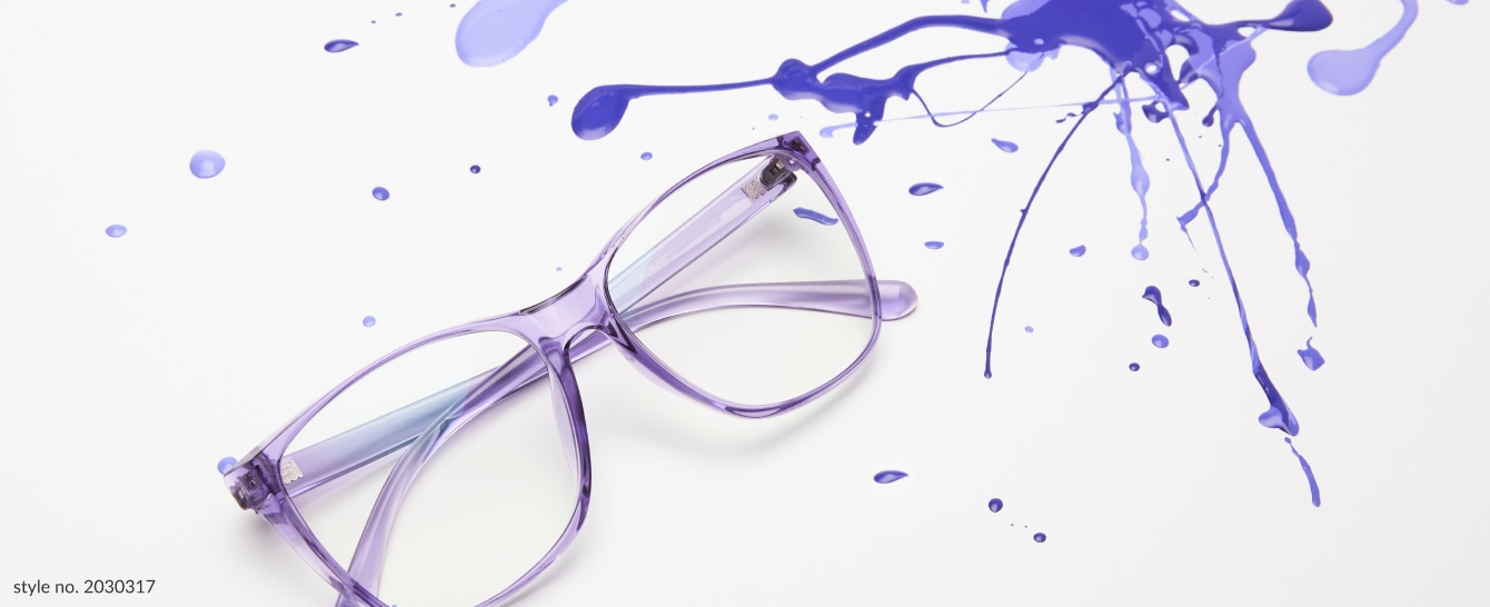 Image of Zenni square glasses #2030317 in front of a white background with splattered purple paint in various colors.