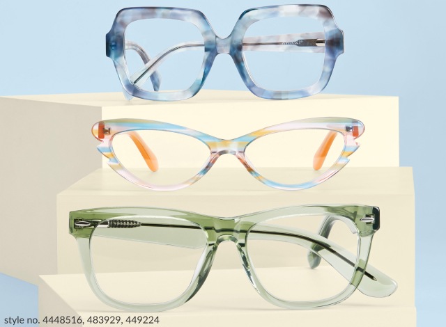 Image of a model wearing Zenni square lilac glasses #4440112. Image of three pairs of Zenni glasses: Zenni square glasses #4448516, Zenni cat-eye glasses #483929, and Zenni Bolinas square glasses #449224, on top of tan boxes against a blue background.