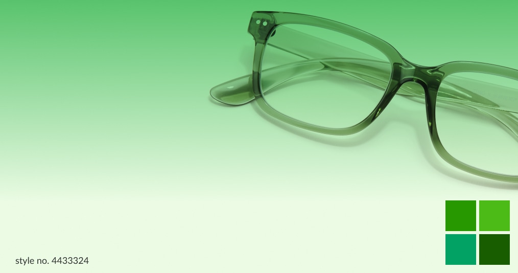Image of Zenni off the grid rectangle glasses #4433324 against a green background, with four color swatches of green underneath them.