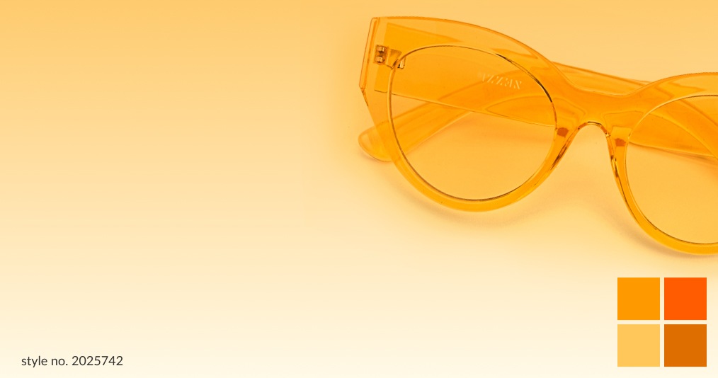 Image of Zenni cat-eye glasses #2025742 against an orange background, with four color swatches of orange underneath them.