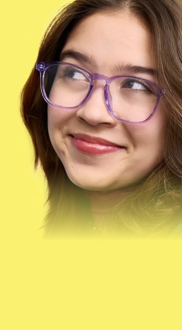 Woman wearing purple translucent glasses, set against a vibrant yellow background that fades to transparent at the bottom.