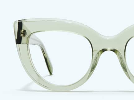 Oversized translucent green cat-eye glasses.