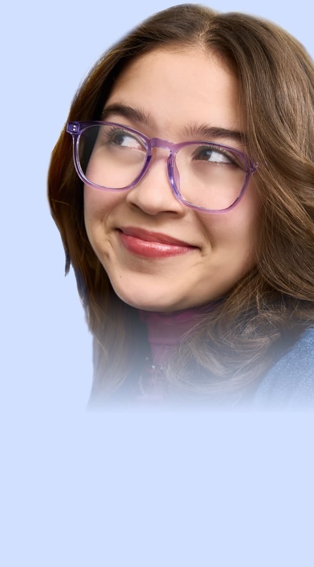 Woman wearing purple translucent glasses, set against a pastel purple background.