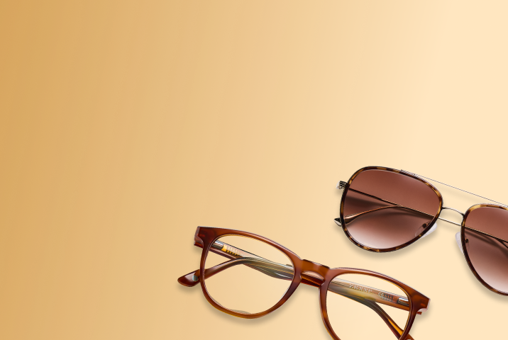 Pair of brown tortoiseshell eyeglasses and aviator-style sunglasses with brown lenses displayed on a soft beige background.