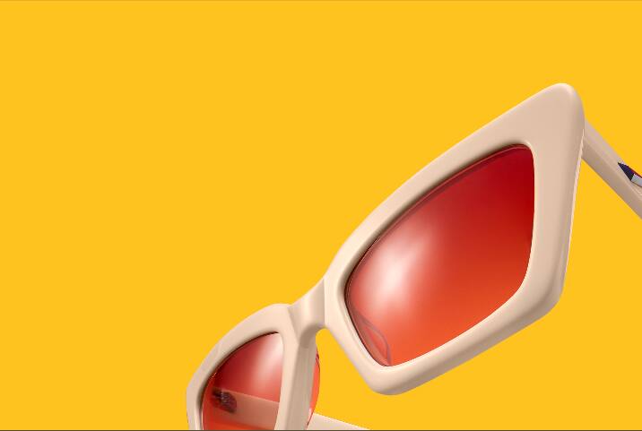 White cat-eye Zenni sunglasses with red lenses on a warm yellow background.