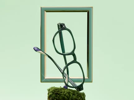 Dark green Zenni glasses perched on a piece of moss in front of a green picture frame. 