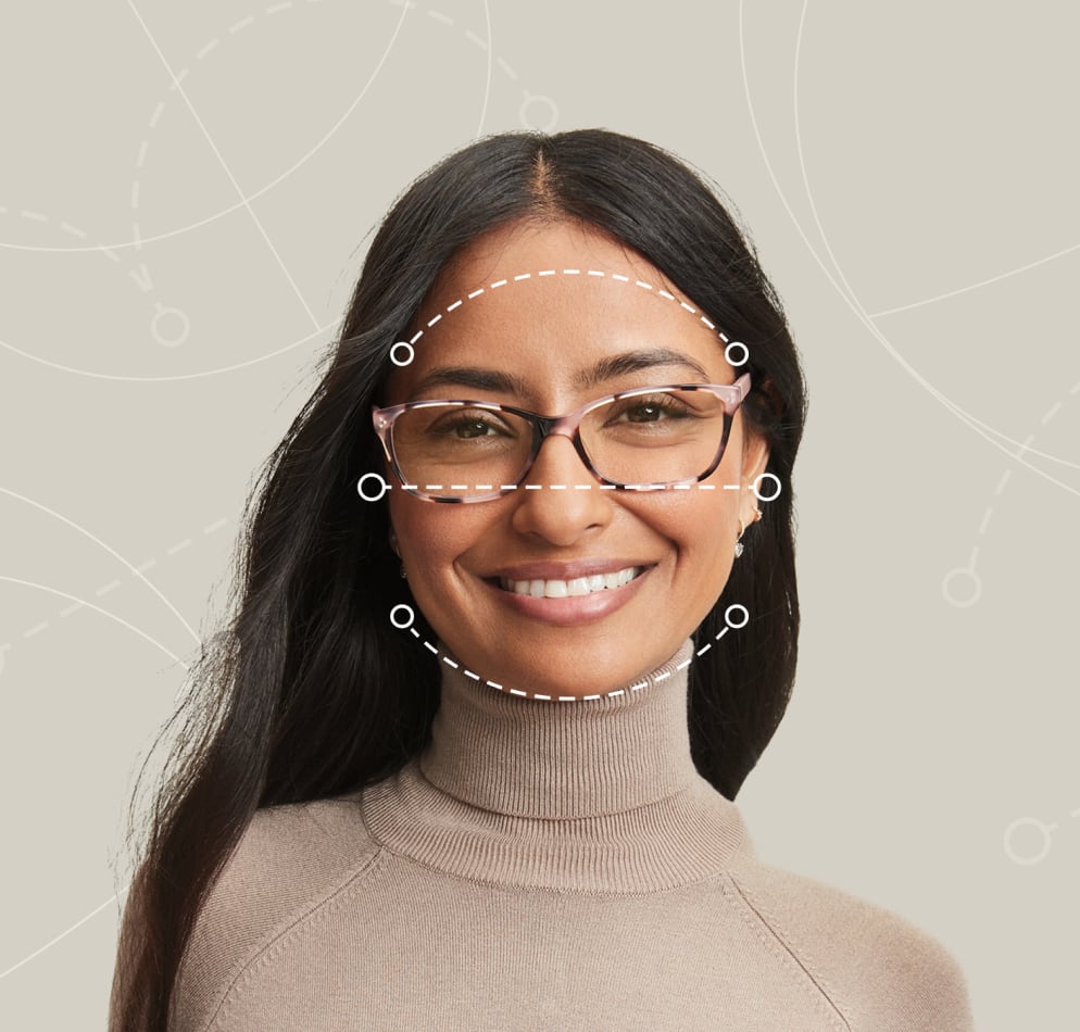 Image of a woman wearing Zenni glasses, with dotted lines over her face showing the various dimensions of her face.