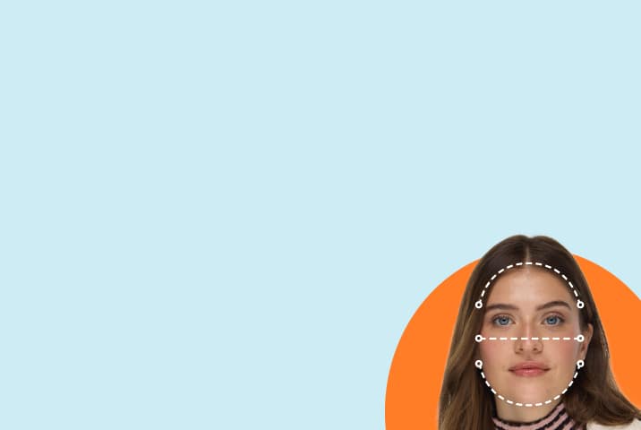 Woman with long brown hair and dashed lines tracing an oval face shape, set against an orange circular background.