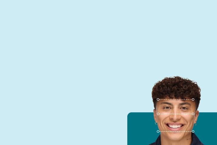 Smiling man with short curly hair and dashed lines tracing a square face shape, set against a teal square background.