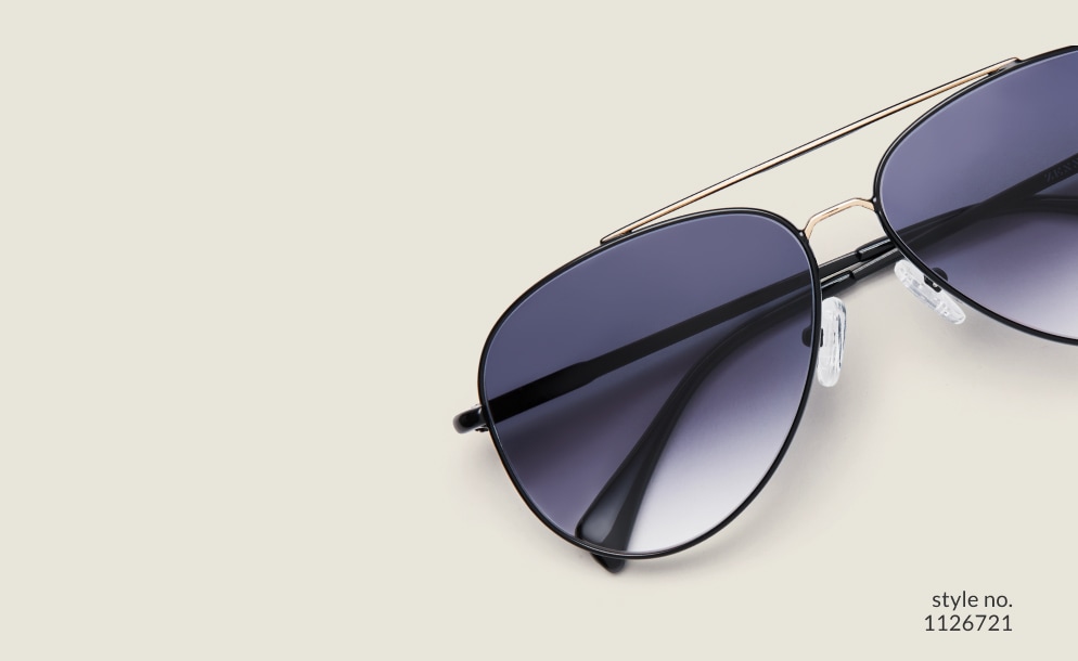 Image of Zenni black aviator style #1126721, shown with a gray gradient tint and 
                a light green background.