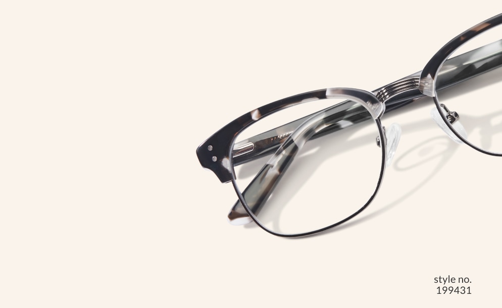 Image of Zenni black-patterned browline glasses style #199431 shown with a beige background.