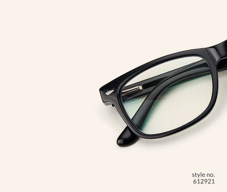 Image of Zenni black rectangle glasses style #612921 shown with a beige background.