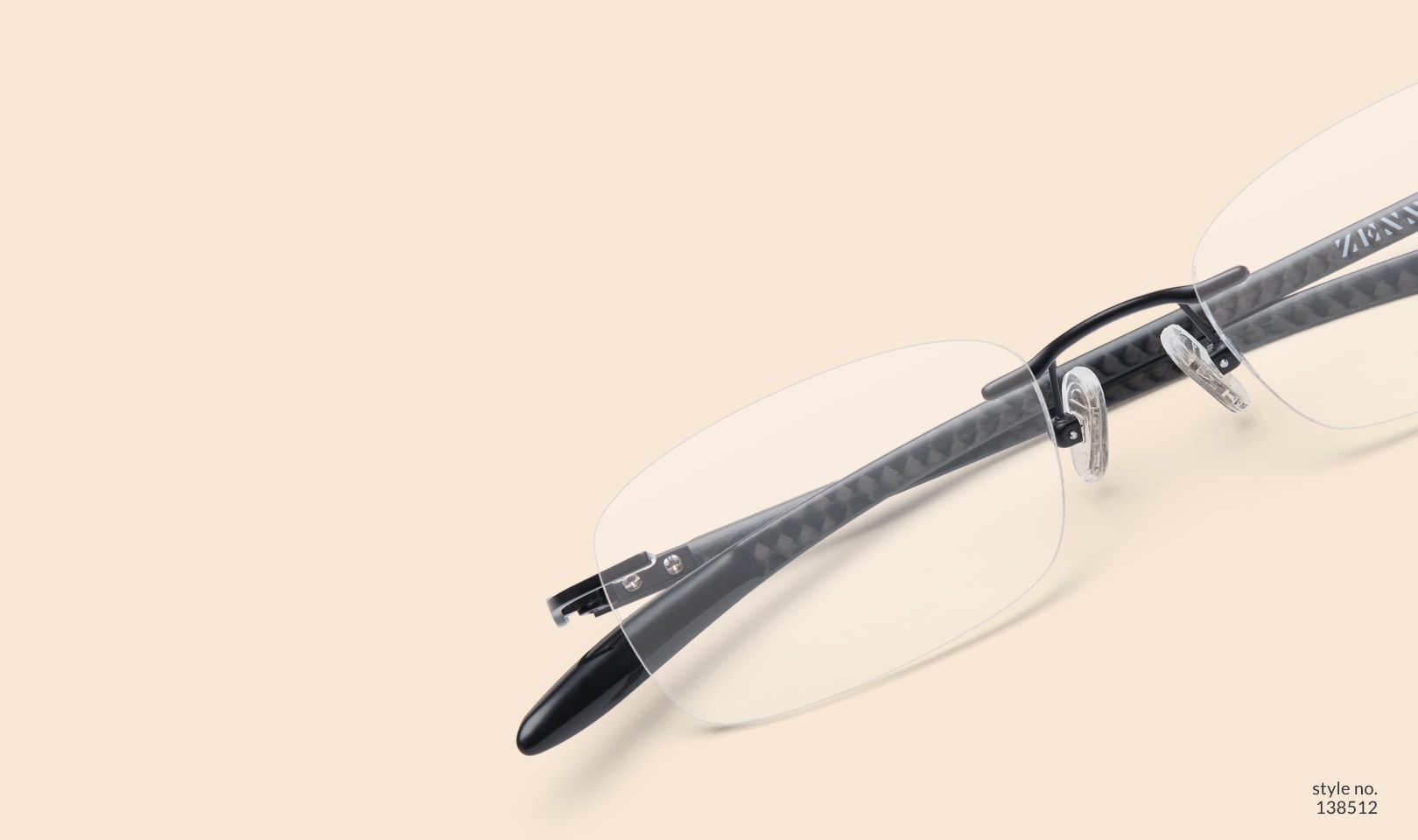 Image of Zenni rimless rectangle style #138512, shown with a light peach background.