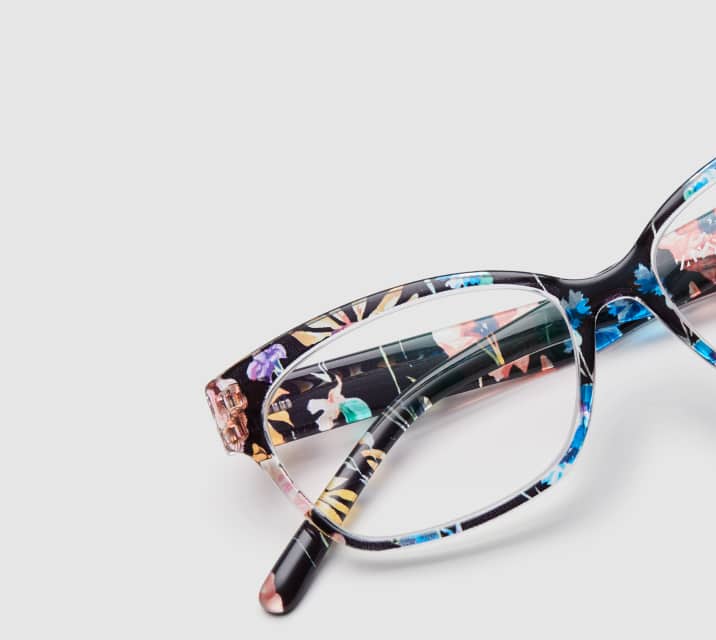 Image of Zenni floral cat-eye glasses style #2018716 shown with a light gray background.