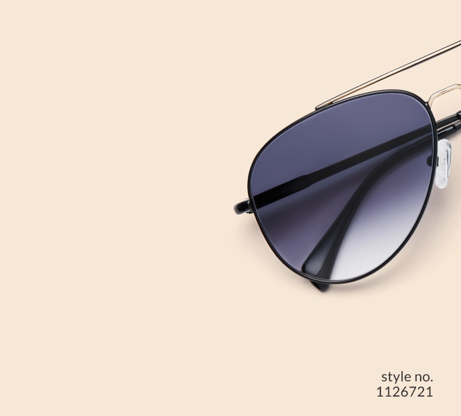 Image of Zenni black aviator style #1126721, shown with a gray gradient tint and a beige background.
