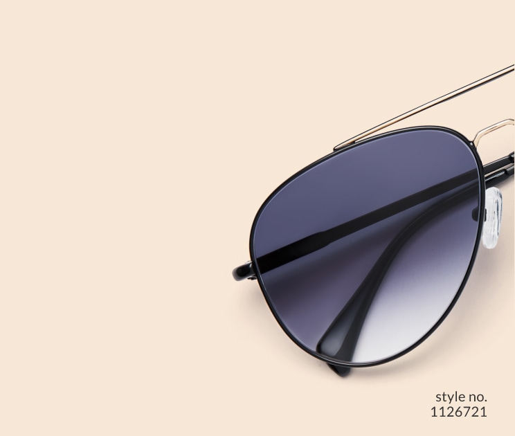Image of Zenni black aviator style #1126721, shown with a gray gradient tint and a beige background.