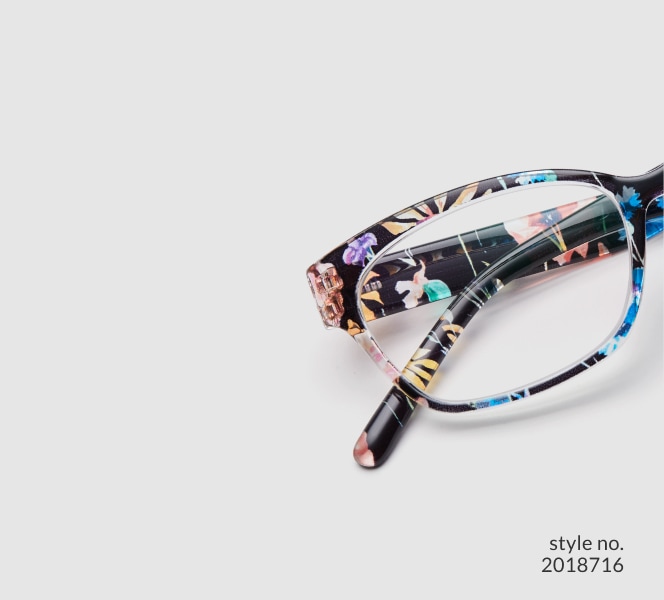 Image of Zenni floral cat-eye glasses style #2018716 shown with a light gray background.