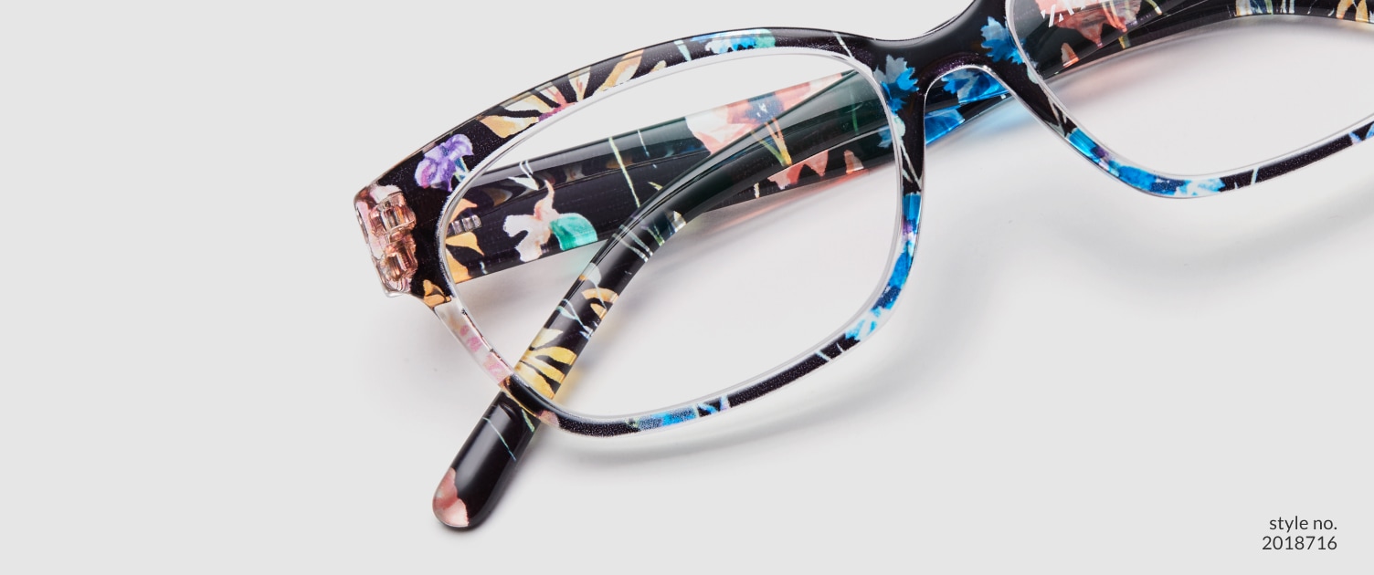 Image of Zenni floral cat-eye glasses style #2018716 shown with a light gray background.