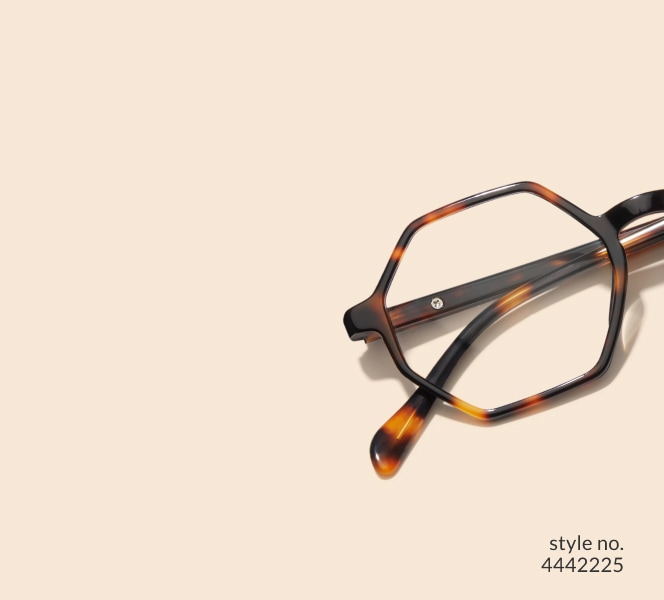 Image of Zenni geometric tortoiseshell glasses style #4442225 shown with a light peach background.