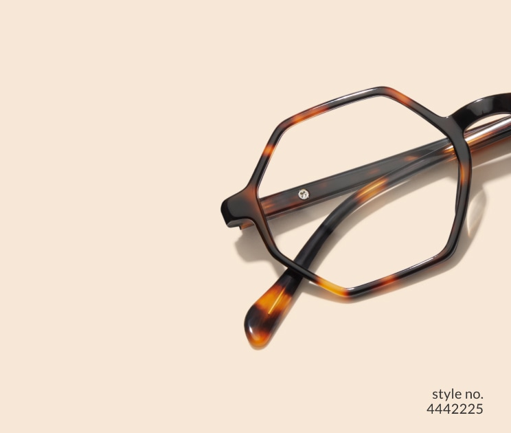 Image of Zenni geometric tortoiseshell glasses style #4442225 shown with a light peach background.
