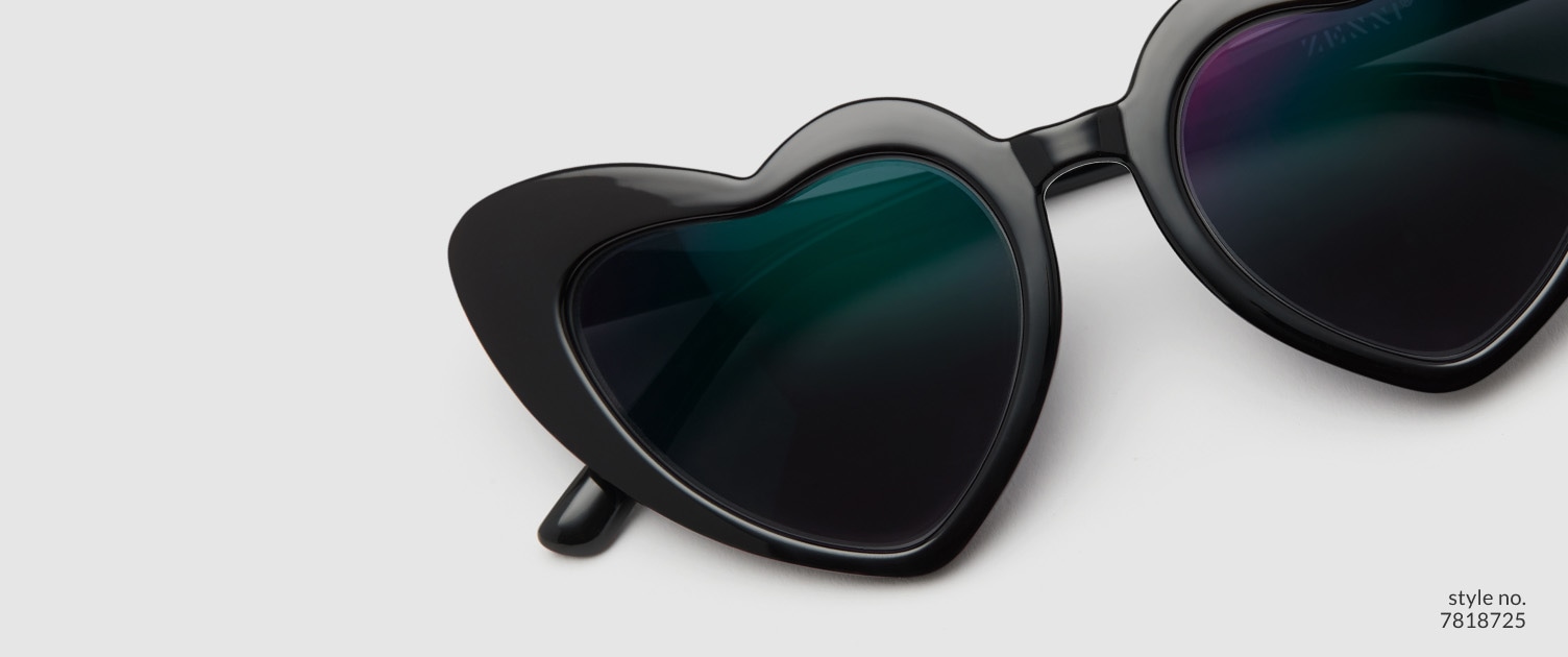 Image of Zenni heart-shaped frame #2029921, shown with a dark gray tint and a 
                light gray background.