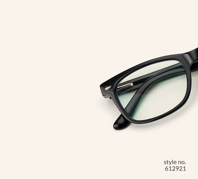 Image of Zenni black rectangle glasses style #612921 shown with a beige background. 