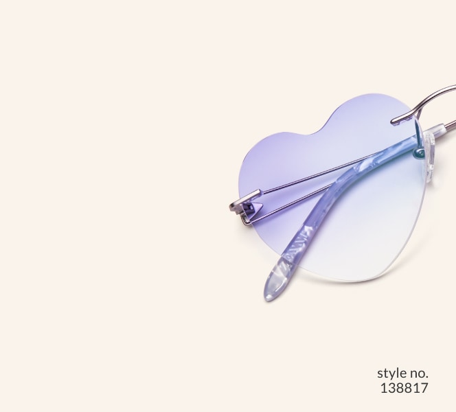 Image of Zenni rimless heart-shaped style #138817, shown with a lavender tint and 
                a beige background.