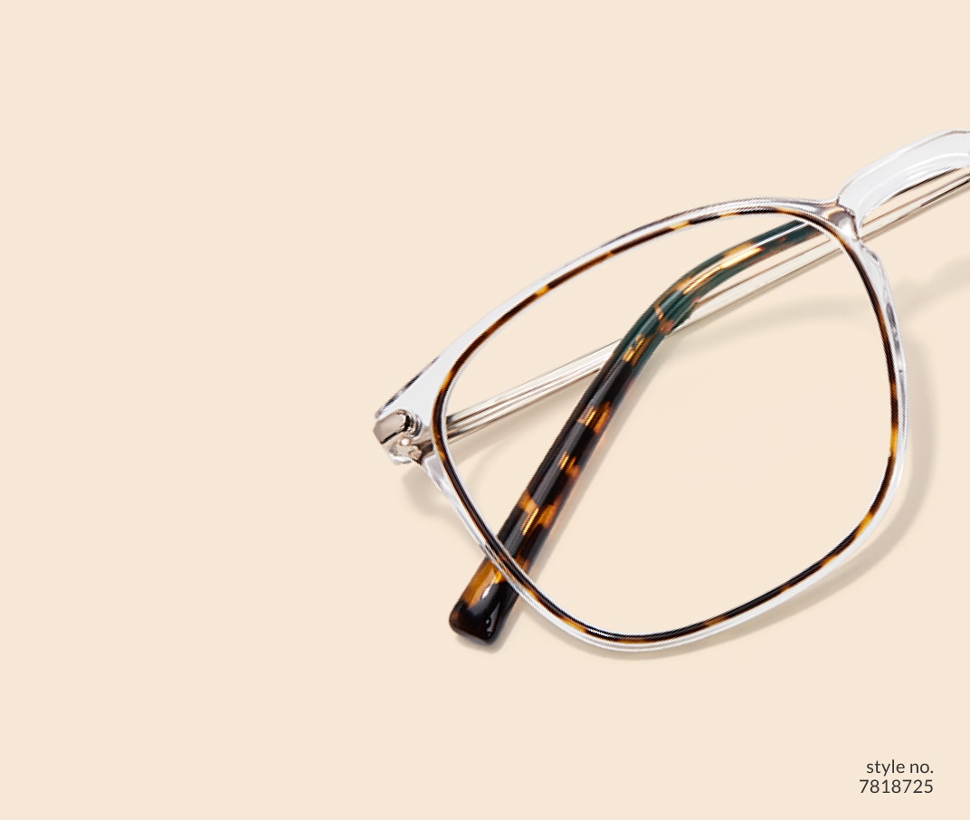 Image of Zenni clear square glasses style #7818725 shown with a beige background. 