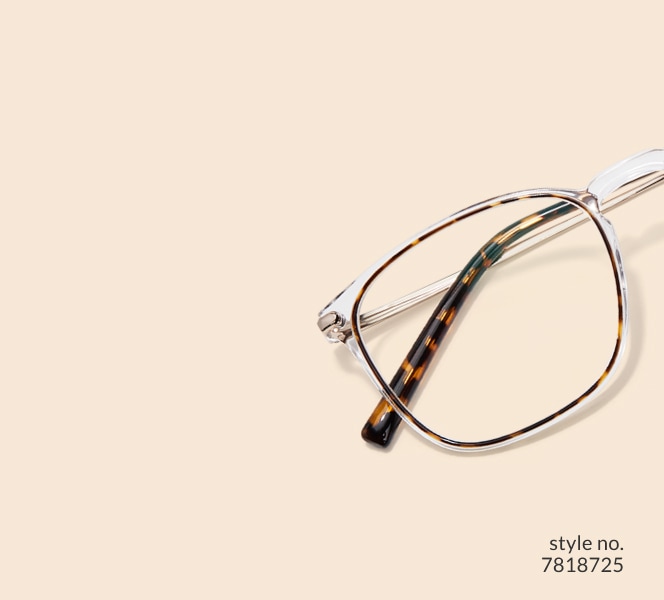 Image of Zenni clear square glasses style #7818725 shown with a beige background. 