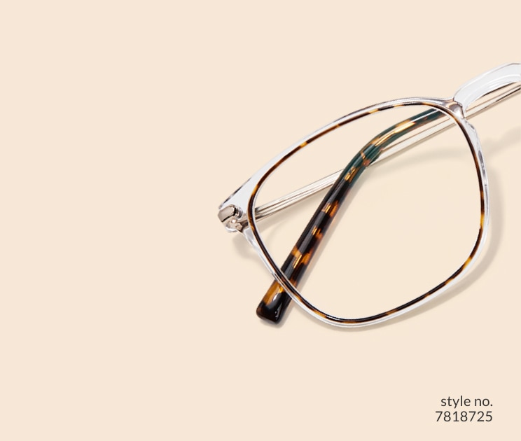 Image of Zenni clear square glasses style #7818725 shown with a beige background. 