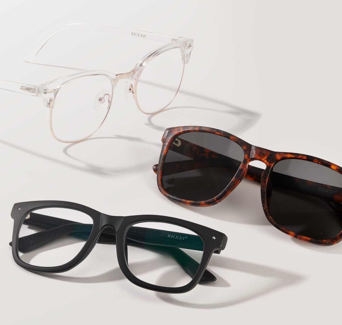 Under $30. Image of three pairs of Zenni glasses and sunglasses. From top to bottom: clear browline #1913123, tortoiseshell square sunglasses #1116325, black square glasses #125221.