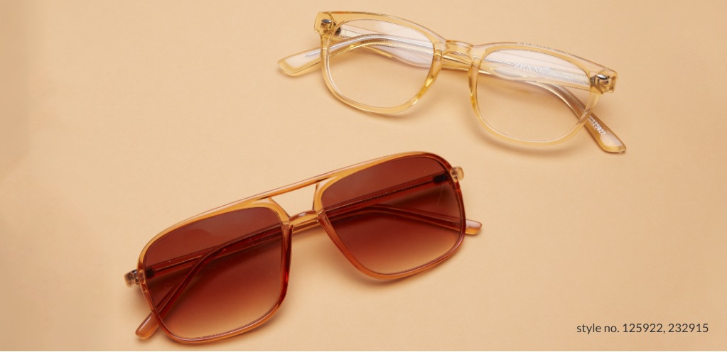 Image of Zenni oval glasses #125922 and Zenni aviator glasses #232915, on an orange background.