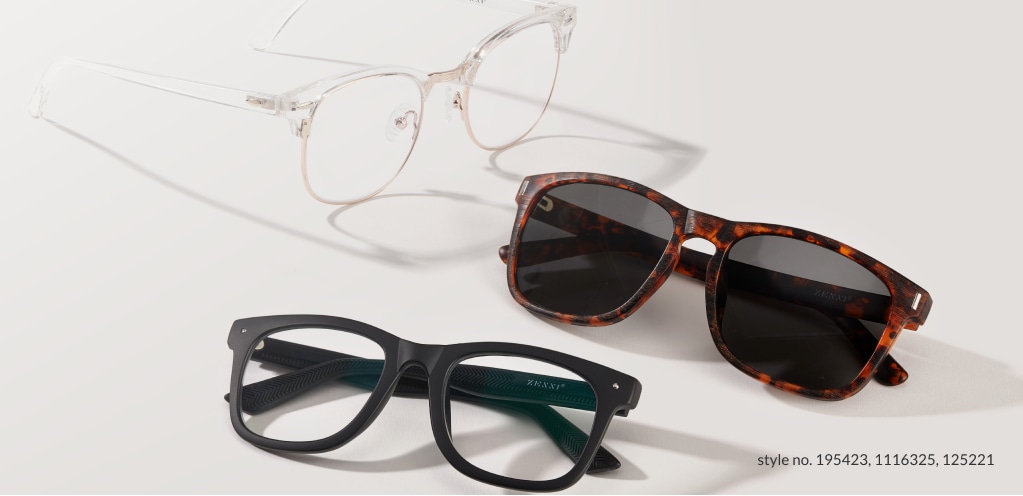 Image of three pairs of Zenni glasses and sunglasses. From top to bottom: clear browline #195423, tortoiseshell square sunglasses #1116325, black square glasses #125221.