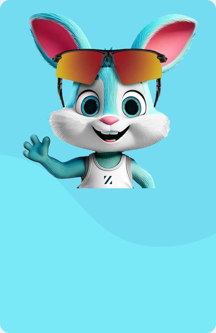 Ziggy, the Zunnies rabbit mascot wearing running sunglasses on his forehead and a white tanktop with the Zenni logo, waving. The background is a light aqua.