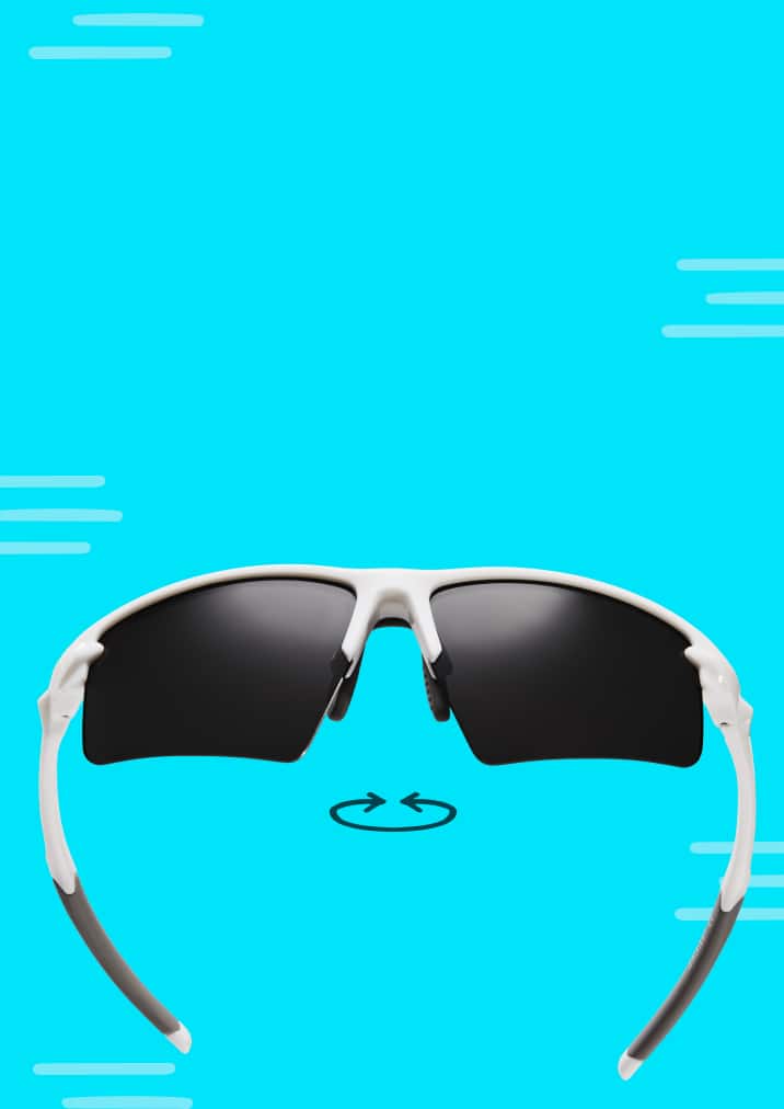 Close up view of white Zunnies running sunglasses showing adjustable nose pads and temple tips on aqua background.