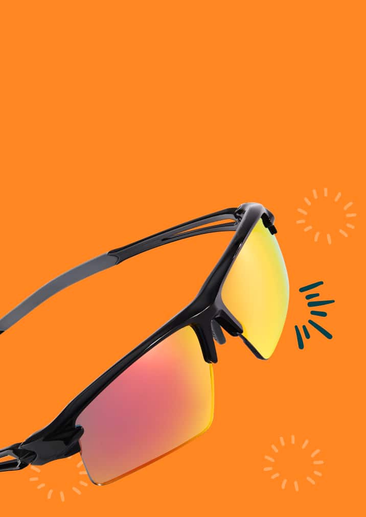 Black Zunnies running sunglasses with gold-hue polarized lenses reflecting the sun on an orange background.