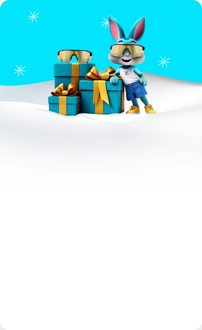 A blue bunny - Ziggy bunny - wearing Zenni sunglasses, a white tank top, blue shorts, and orange shoes stands beside a stack of blue gift boxes tied with golden ribbons. The background features a snowy landscape and a bright blue sky with white snowflake patterns.