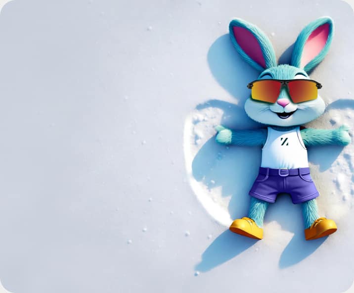 A blue bunny - Ziggy Bunny - in orange shoes, blue shorts, and a white tank top with Zenni sunglasses lies in the snow, making a snow angel.