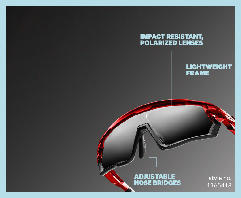 Sport sunglasses style 1165418 on a gray gradient background. Labeled - impact resistant, polarized lenses, lightweight frame, adjustable nose bridge.