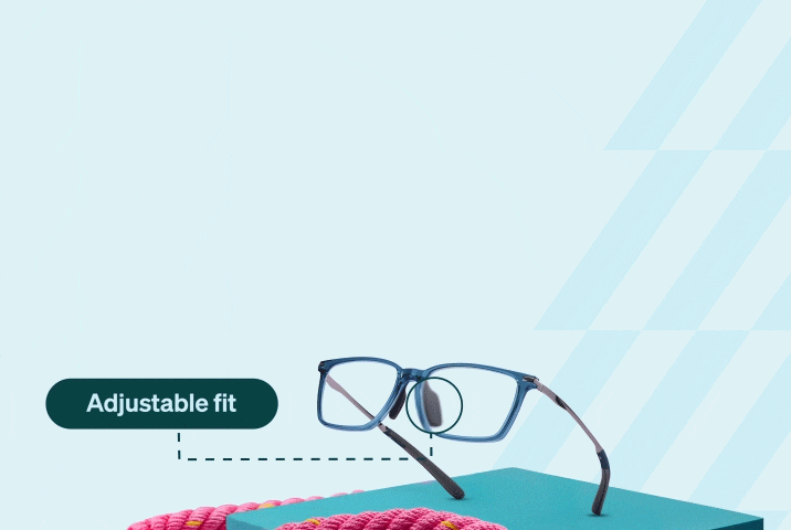 An animated GIF showing blue rectangular eyeglasses floating above a teal platform. A dashed line highlights specific features: first, pointing to 'Secure temples' with pulsating earpieces; second, to 'Stay-put comfort' at the temple tips; and finally, to 'Adjustable fit' with pulsing nose pads, showcasing the customizable design.