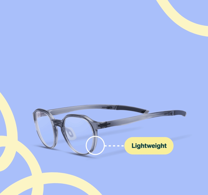 Animated GIF showcasing translucent grey sports eyeglasses highlighting key features—Lightweight, Adjustable nose pads, Anti-slip temples, and Flexible temples—against a light blue background.