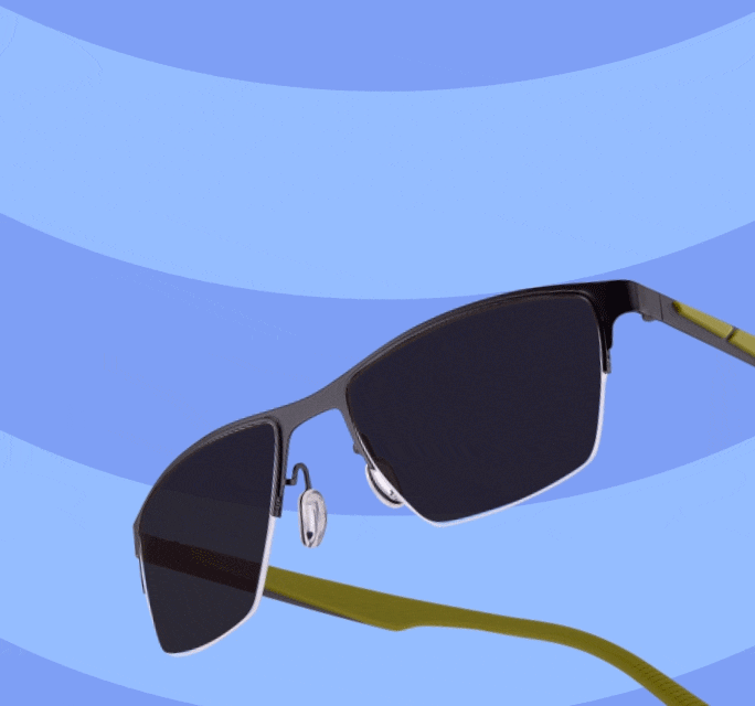 Animated GIF demonstrating photochromic lenses on semi-rimless metal eyeglasses transitioning from clear prescription lenses to dark sunglasses tint against a light blue wavy background.