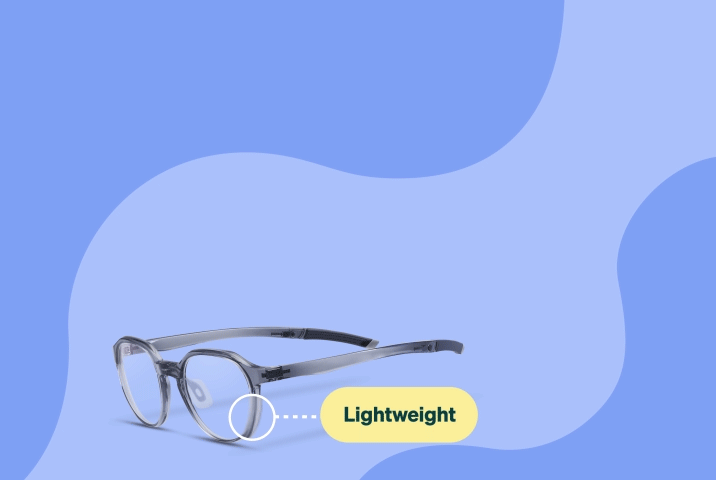 Animated GIF showcasing translucent grey sports eyeglasses highlighting key features—Lightweight, Adjustable nose pads, Anti-slip temples, and Flexible temples—against a light blue background.