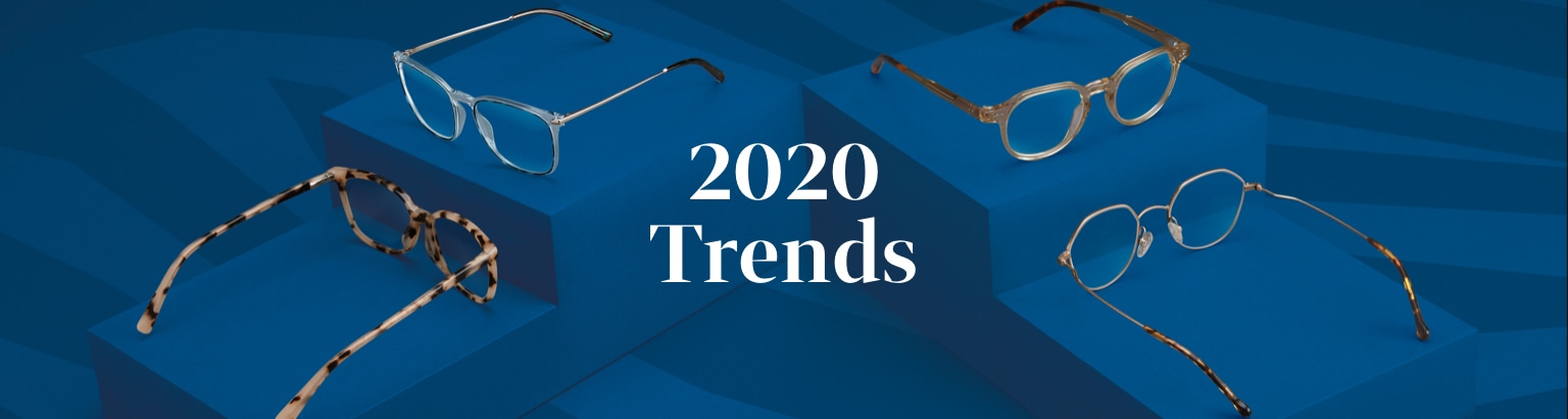 Trending glasses for 2020 on a classic blue background, including clear square glasses #7818716, tortoiseshell square glasses #4427835, neutral round glasses #4431033, and vintage metal geometric glasses #157714.