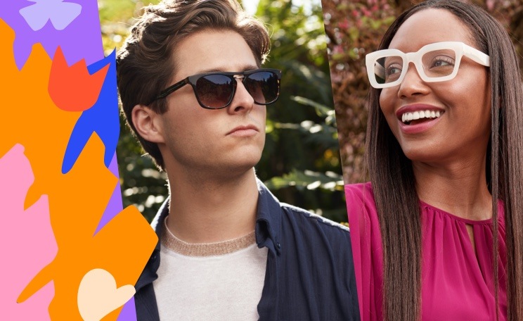 Man wearing premium square sunglasses #113125 in tortoiseshell with gradient amber tint and woman wearing chunky rectangle glasses #4446733 in ecru.